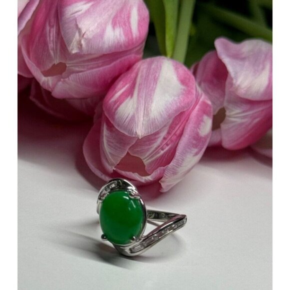 D'Joy 925 STERLING SILVER GREEN NEPHRITE & WHITE BERYL RING SIZE 6.5 - Picture 9 of 9
